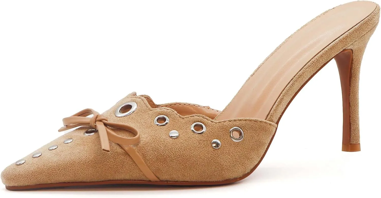 Kitten Heels for Women Pointed Toe Heels Studded Slip On Bow Heels Mules Faux Suede Sandals Kitten Heel Pumps