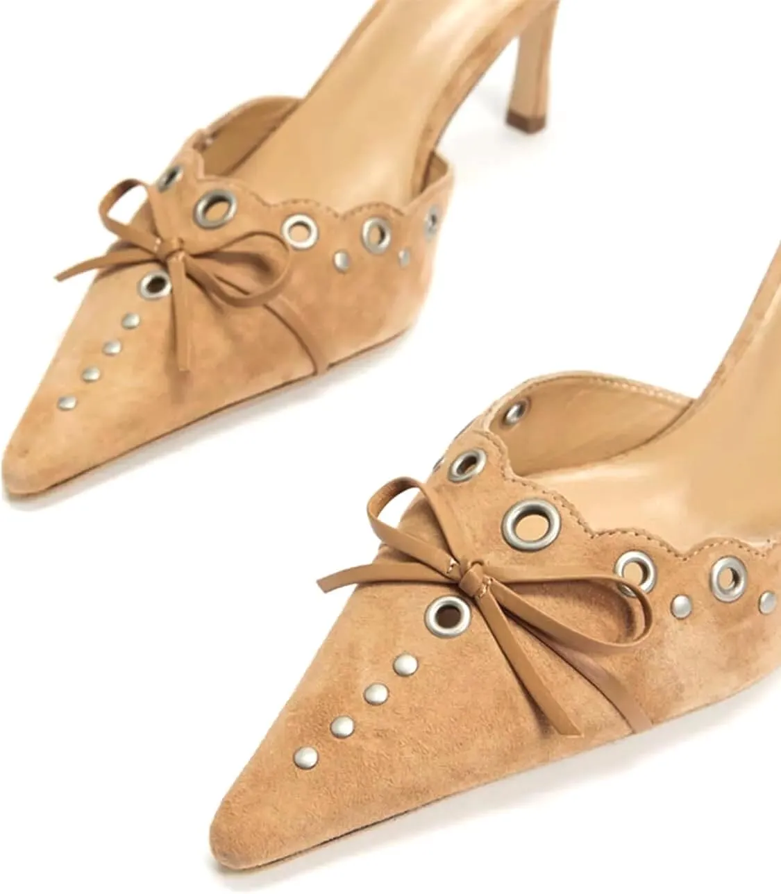 Kitten Heels for Women Pointed Toe Heels Studded Slip On Bow Heels Mules Faux Suede Sandals Kitten Heel Pumps