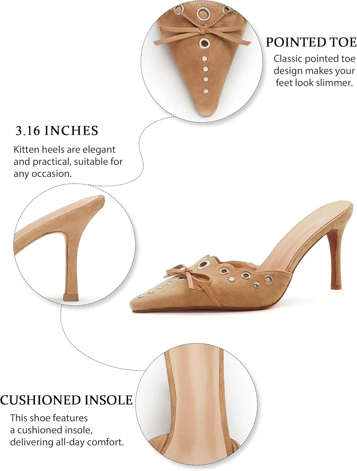Kitten Heels for Women Pointed Toe Heels Studded Slip On Bow Heels Mules Faux Suede Sandals Kitten Heel Pumps