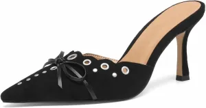 Kitten Heels for Women Pointed Toe Heels Studded Slip On Bow Heels Mules Faux Suede Sandals Kitten Heel Pumps