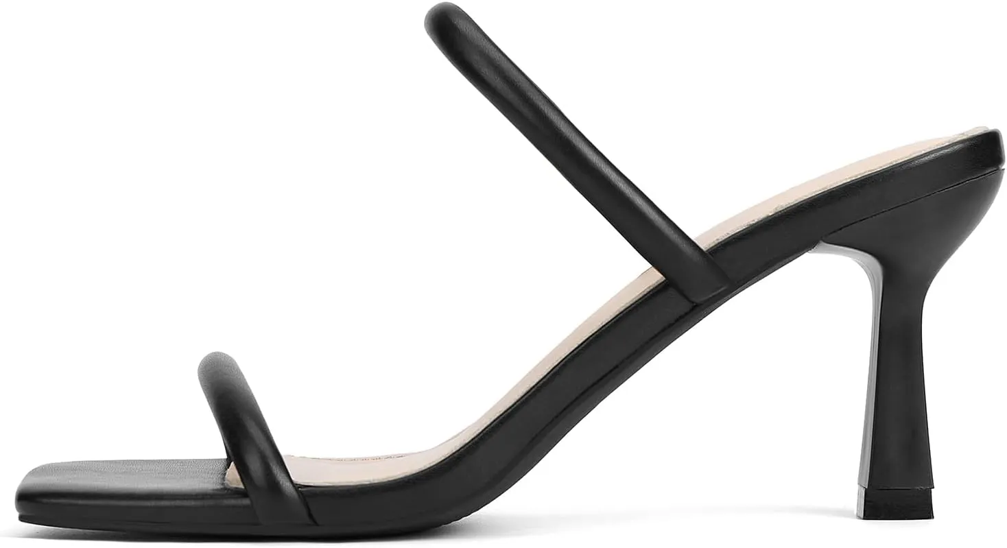 Kitten Heels for Women Two Strap Mules Mid Square Open Toe Slip On Heeled Sandals