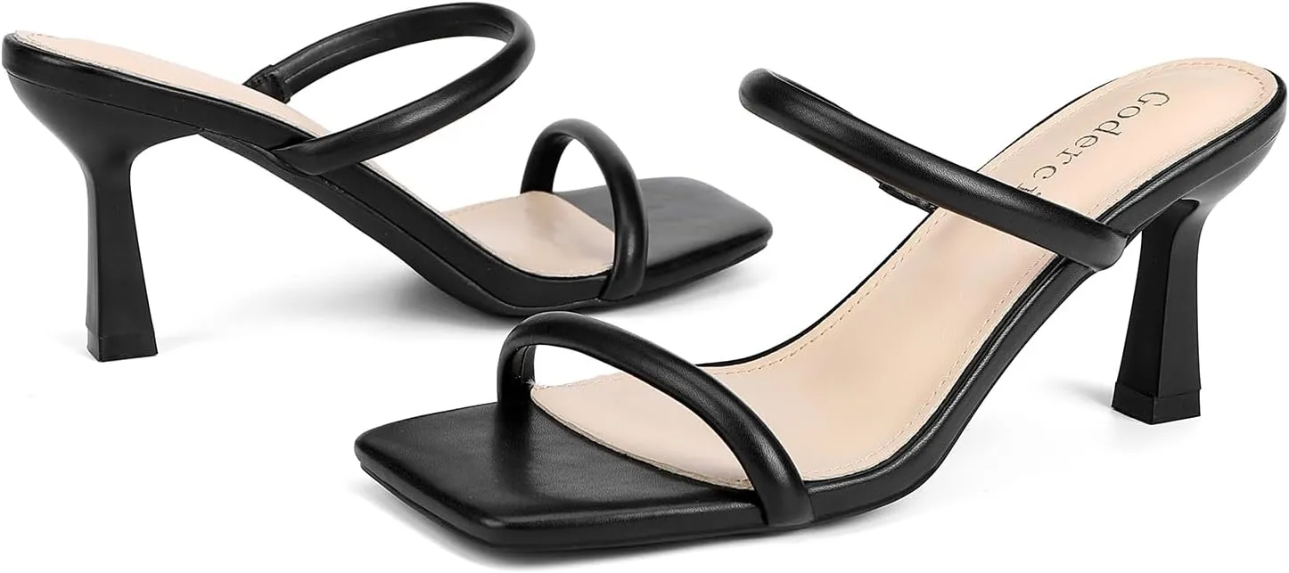Kitten Heels for Women Two Strap Mules Mid Square Open Toe Slip On Heeled Sandals