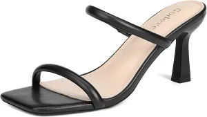Kitten Heels for Women Two Strap Mules Mid Square Open Toe Slip On Heeled Sandals