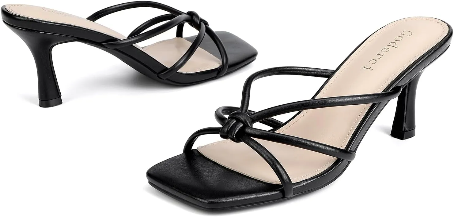 Kitten Strappy Heels for Women Knotted Square Open Toe Slip On Mule Heels Mid Heeled Sandals