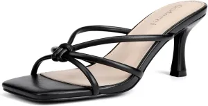 Kitten Strappy Heels for Women Knotted Square Open Toe Slip On Mule Heels Mid Heeled Sandals