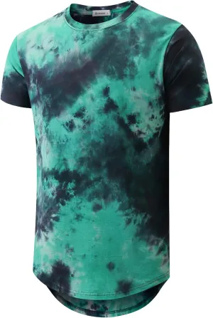 KLIEGOU Mens Hip Hop Tie-Dyed Hipster Curve Hem T Shirt