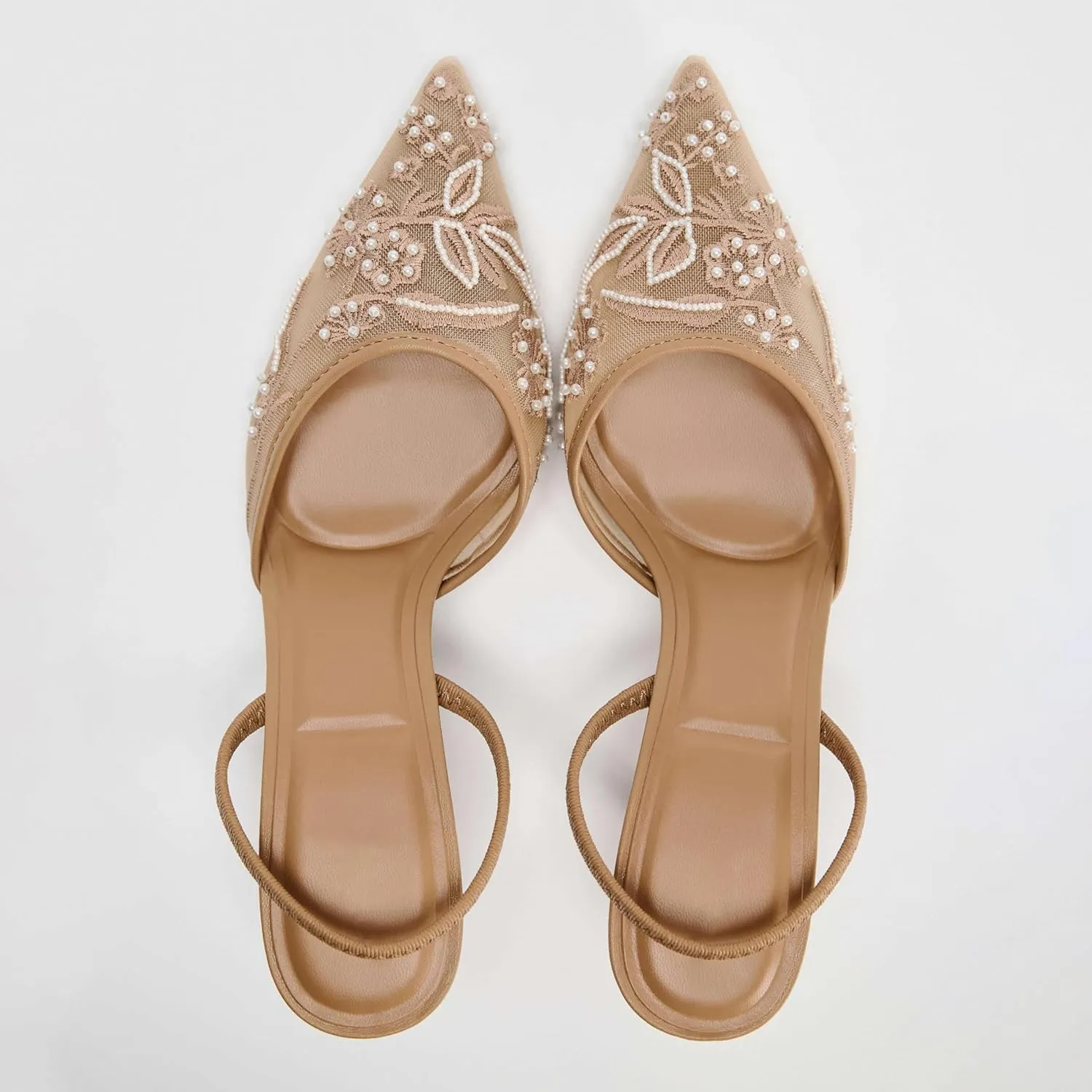 Kluolandi Women's Embroidered Slingback Kitten Heels with Pearls Breathable Mesh Pointed Toe Pumps Low Heel Slip On Dress Shoes