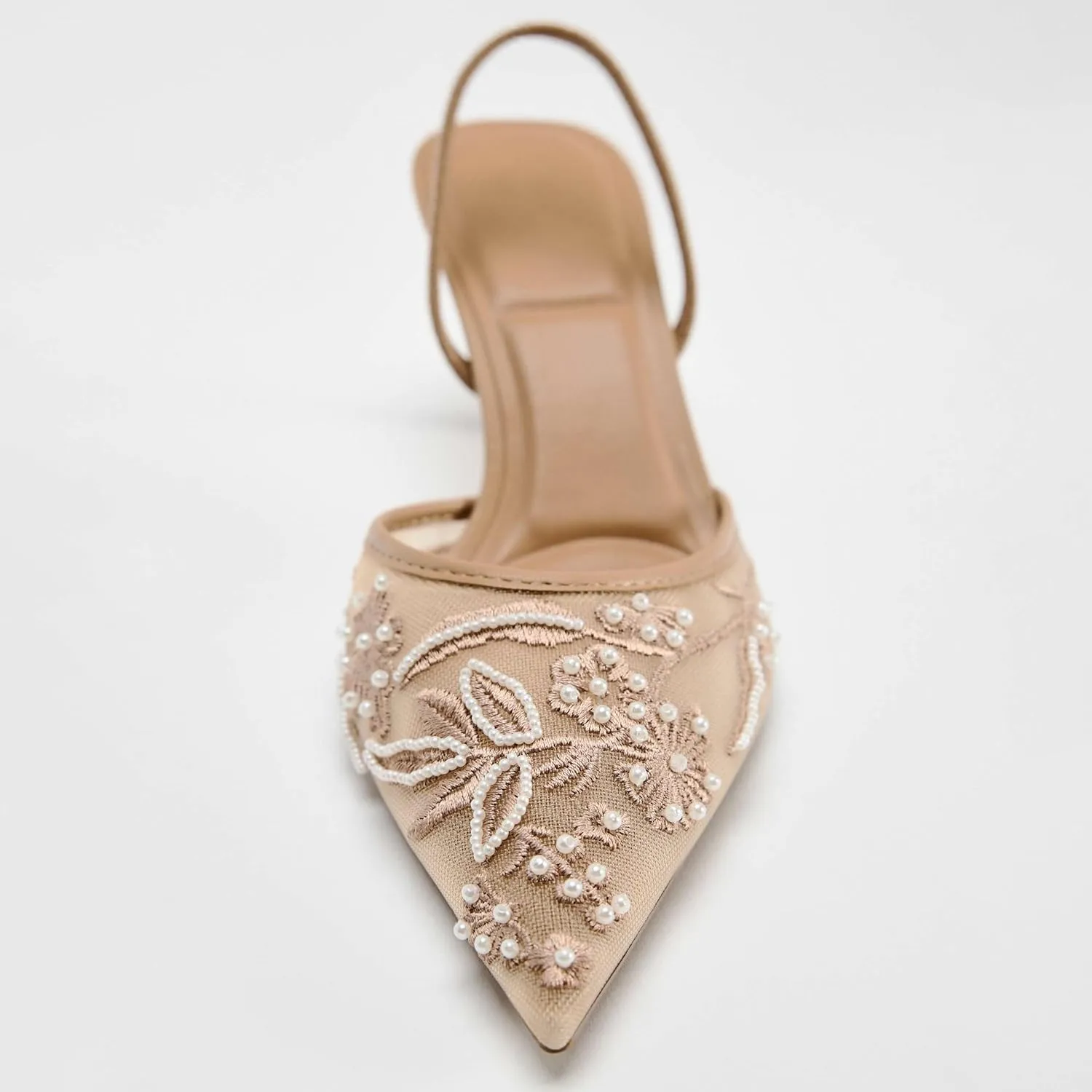 Kluolandi Women's Embroidered Slingback Kitten Heels with Pearls Breathable Mesh Pointed Toe Pumps Low Heel Slip On Dress Shoes