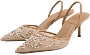 Kluolandi Women's Embroidered Slingback Kitten Heels with Pearls Breathable Mesh Pointed Toe Pumps Low Heel Slip On Dress Shoes