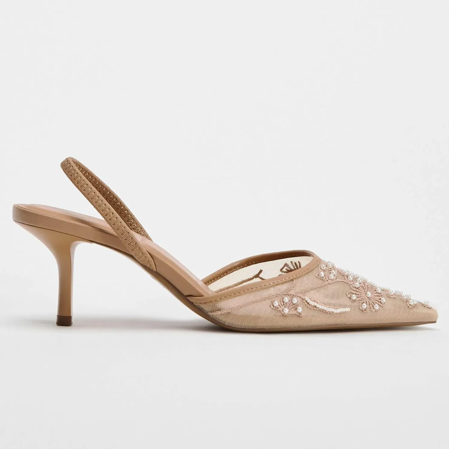 Kluolandi Women's Embroidered Slingback Kitten Heels with Pearls Breathable Mesh Pointed Toe Pumps Low Heel Slip On Dress Shoes