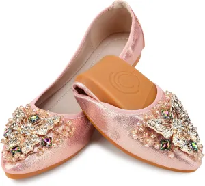 KUNWFNIX Women Ballet Flats Rhinestone Wedding Ballerina Shoes Foldable Sparkly Comfort Slip on Flat Shoes