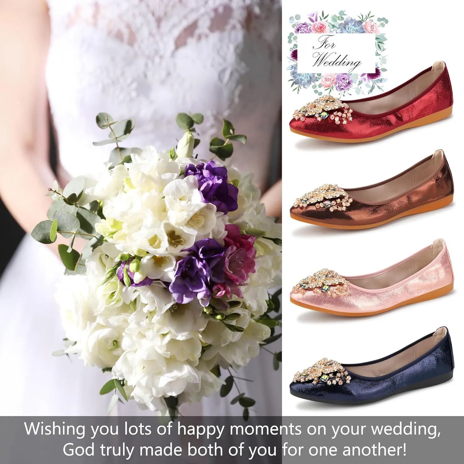 KUNWFNIX Women Ballet Flats Rhinestone Wedding Ballerina Shoes Foldable Sparkly Comfort Slip on Flat Shoes