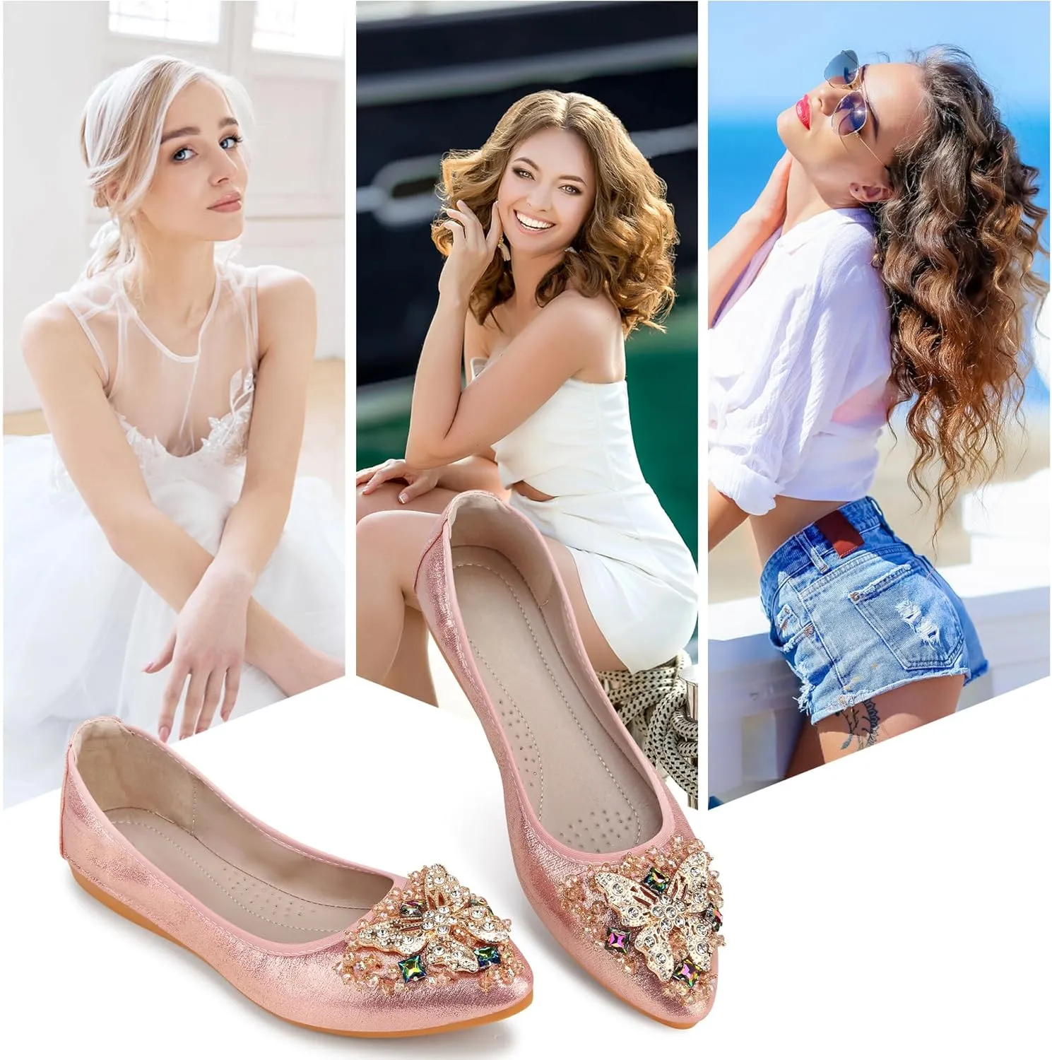 KUNWFNIX Women Ballet Flats Rhinestone Wedding Ballerina Shoes Foldable Sparkly Comfort Slip on Flat Shoes