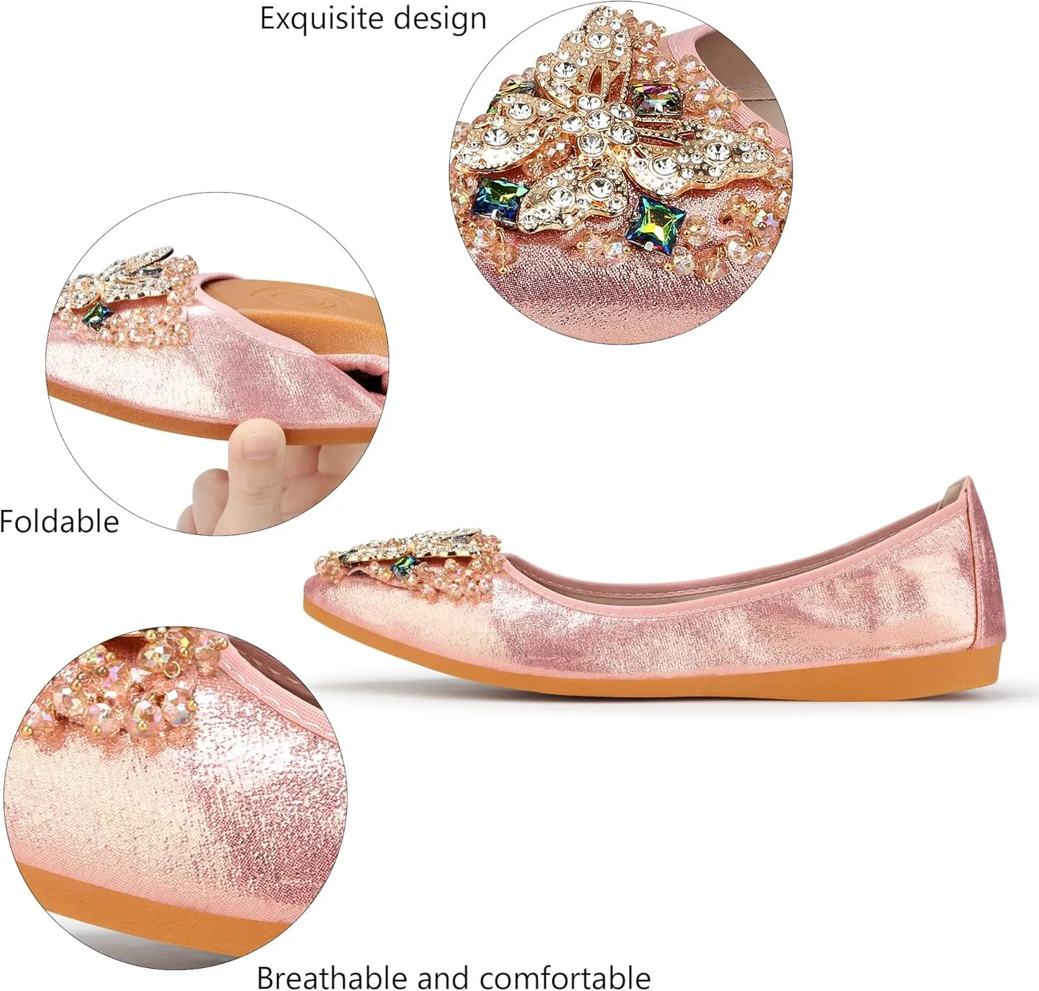 KUNWFNIX Women Ballet Flats Rhinestone Wedding Ballerina Shoes Foldable Sparkly Comfort Slip on Flat Shoes