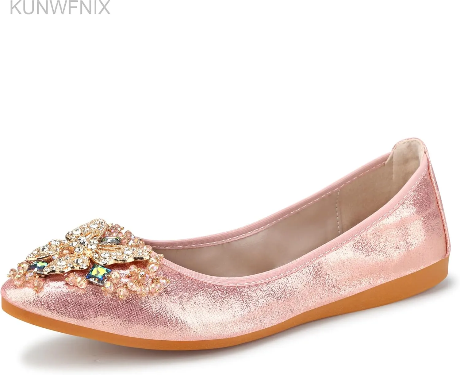 KUNWFNIX Women Ballet Flats Rhinestone Wedding Ballerina Shoes Foldable Sparkly Comfort Slip on Flat Shoes