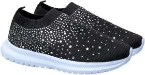 Laceless Sneakers Rhinestone Slip On Sneakers Breathable Sock Shoes Mesh Walking Running Sports Shoes Black