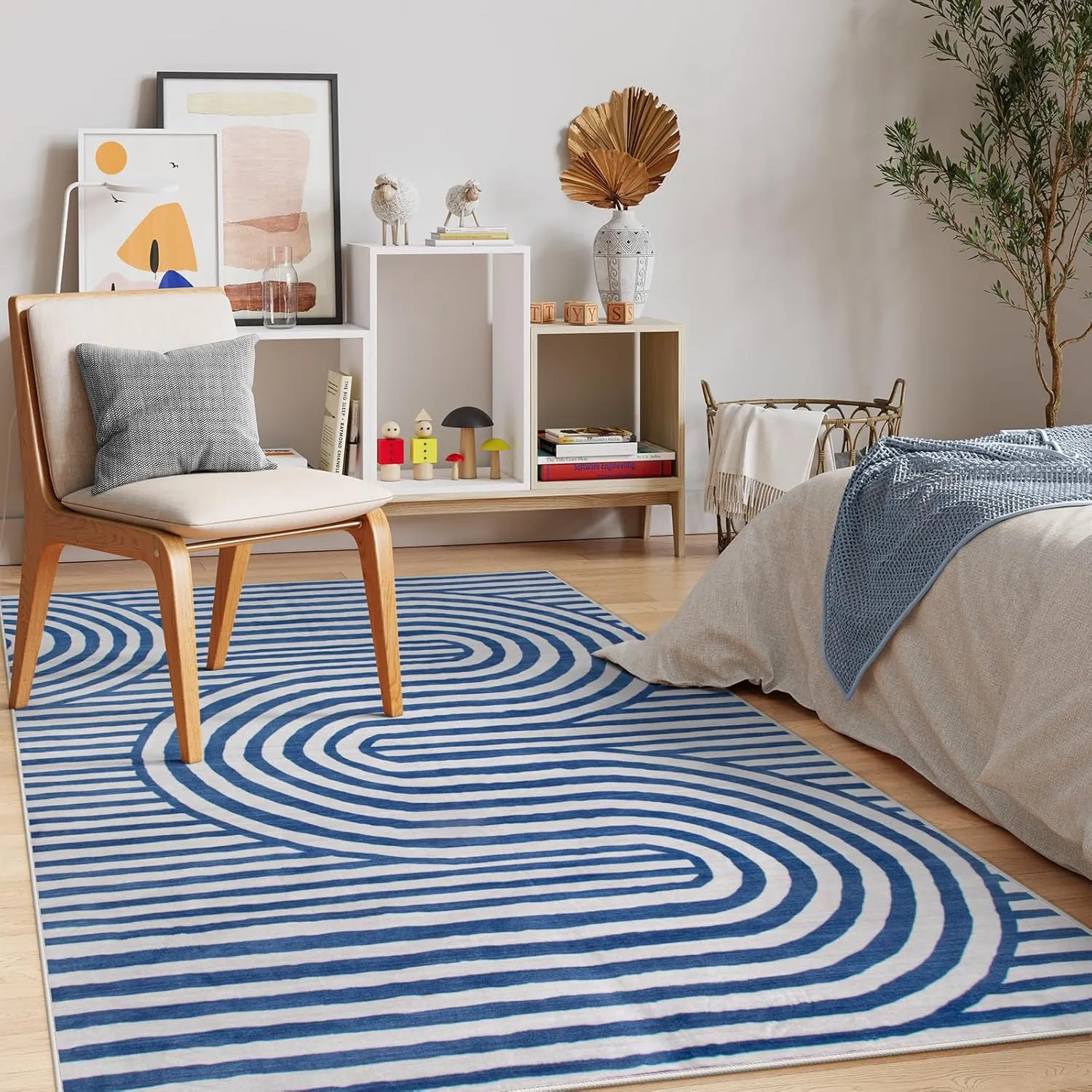 Lahome Modern Washable Area Rugs 5x7-Soft Blue Rugs for Bedroom Ultra-Thin Non-Shedding, Abstract Living Room Rugs Stain Resistant Geometric Large Carpet for Kids Room Office Dorm(5'X7',Blue)