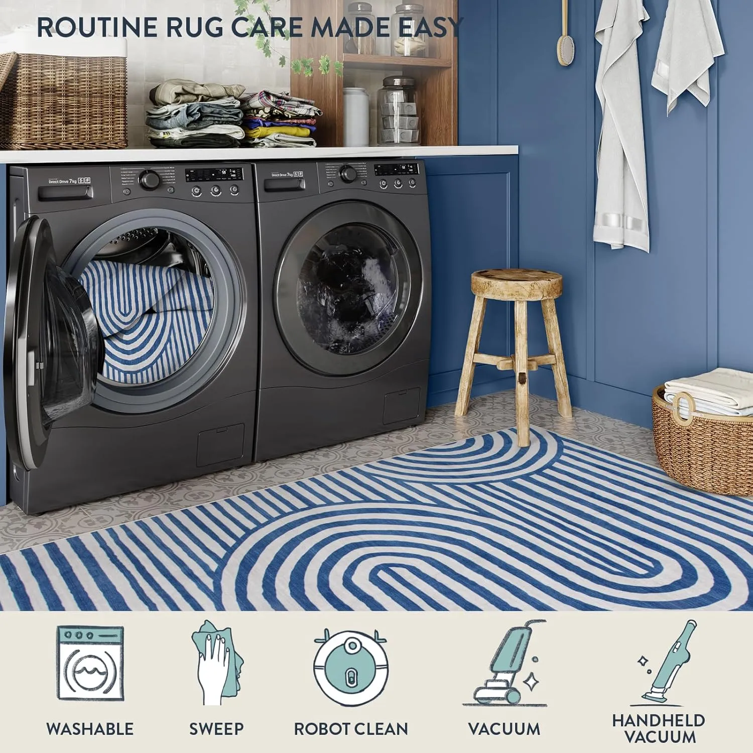 Lahome Modern Washable Area Rugs 5x7-Soft Blue Rugs for Bedroom Ultra-Thin Non-Shedding, Abstract Living Room Rugs Stain Resistant Geometric Large Carpet for Kids Room Office Dorm(5'X7',Blue)
