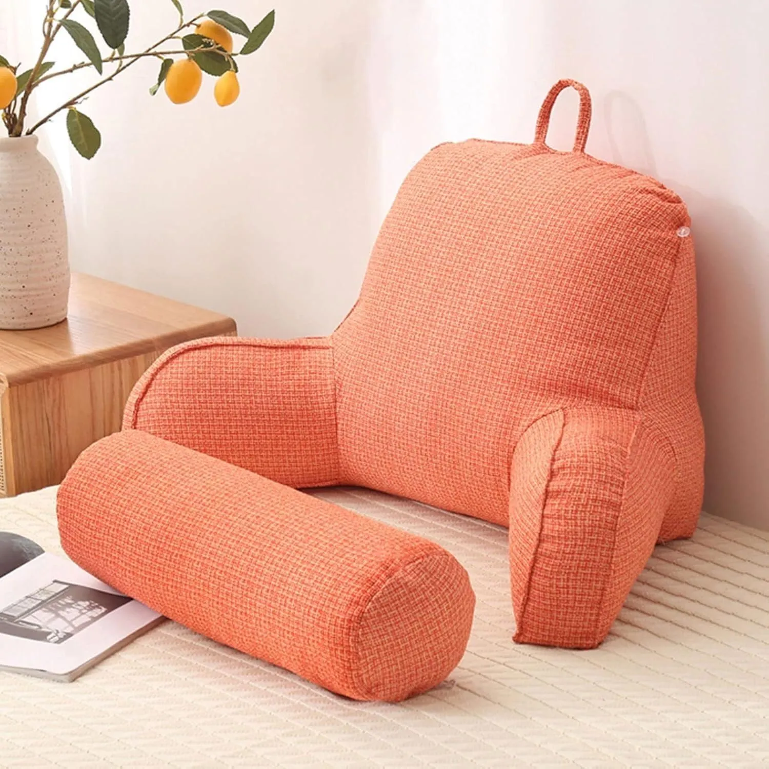 Large Reclining Reading Pillow, Comfortable Reclining Reading Pillow Cushion with Armrest Lumbar Pillow Backrest, Great Backrest for Reading A Book Or Playing A Game.