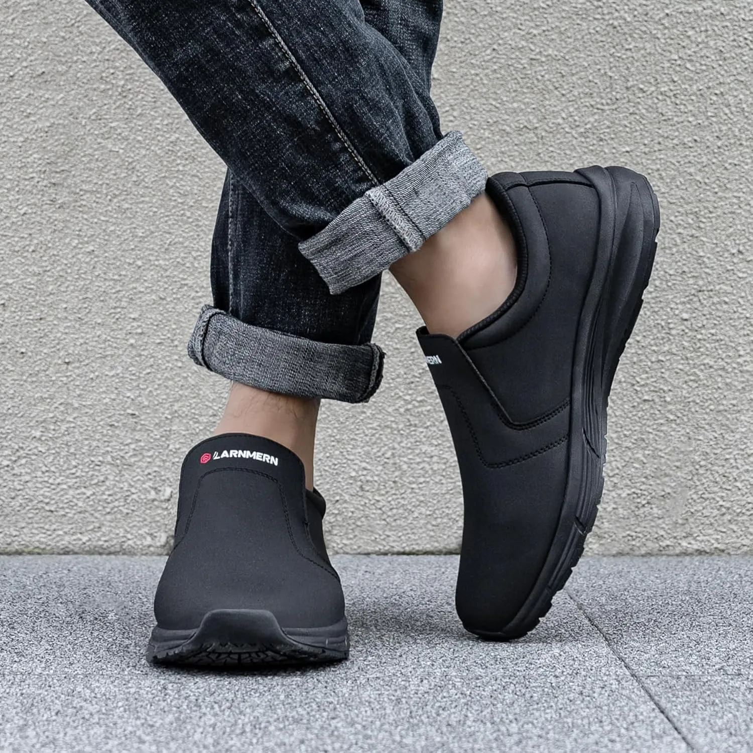 LARN SAFETY Mens Non Slip Shoes Food Service Work Shoe Waterproof Slip Resistant Kitchen Chef Footwear Restaurant Hospital Slip-On Black