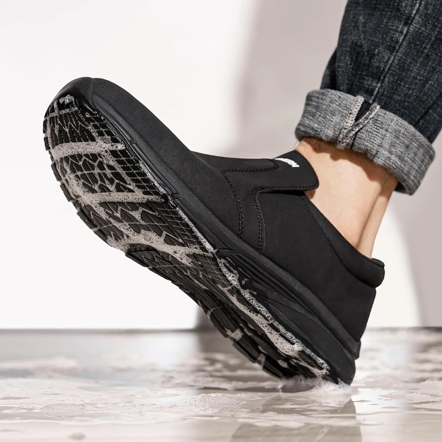 LARN SAFETY Mens Non Slip Shoes Food Service Work Shoe Waterproof Slip Resistant Kitchen Chef Footwear Restaurant Hospital Slip-On Black