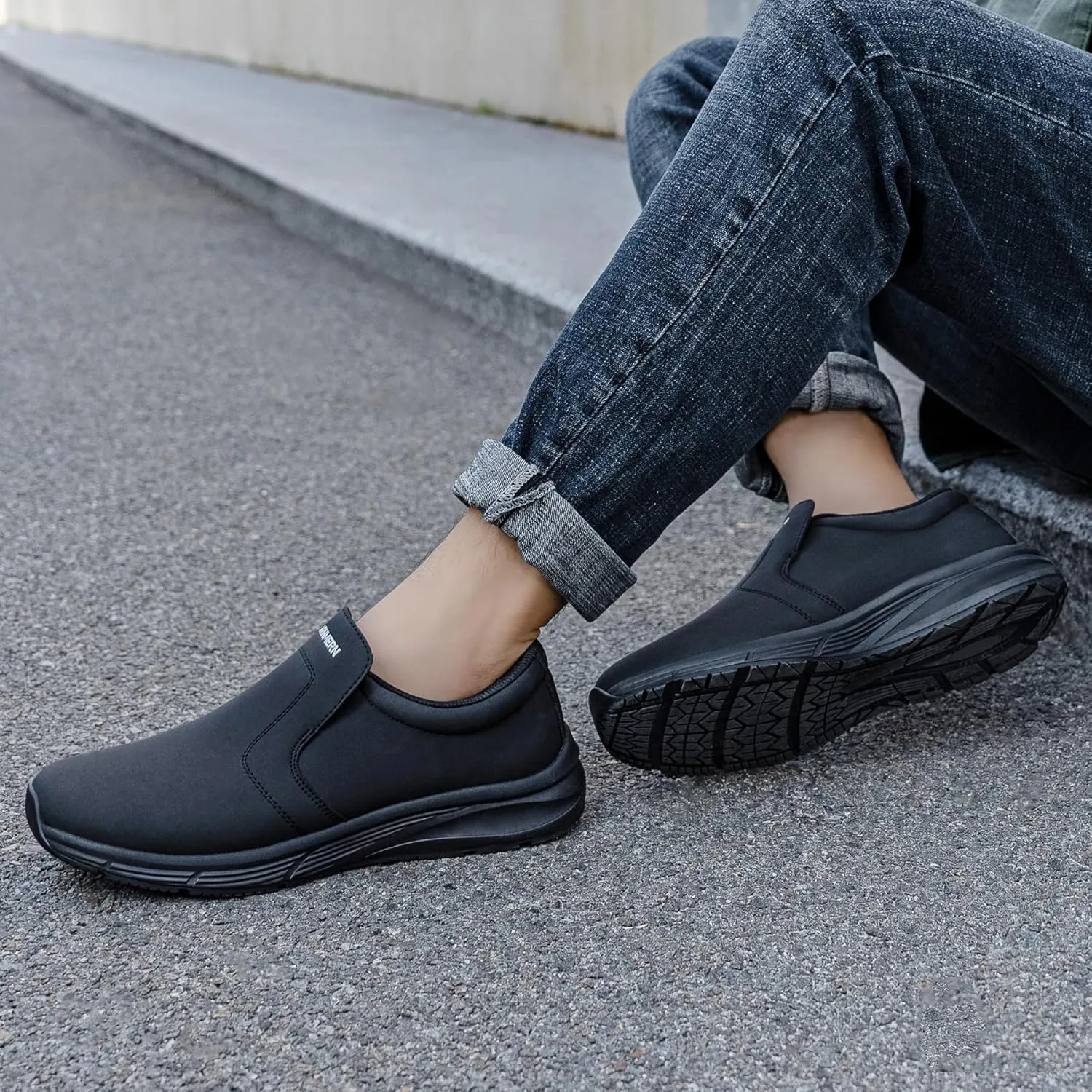LARN SAFETY Mens Non Slip Shoes Food Service Work Shoe Waterproof Slip Resistant Kitchen Chef Footwear Restaurant Hospital Slip-On Black