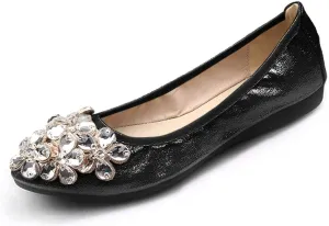 Lauthen.S Women Foldable Ballet Flats, Pointed Toe Wedding Rhinestone Slip on Flat Shoes