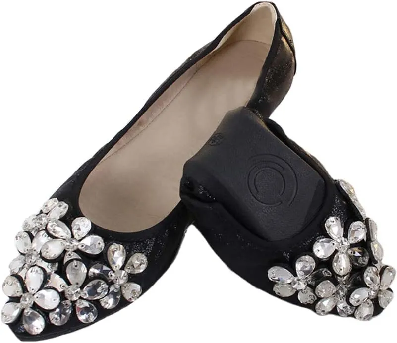 Lauthen.S Women Foldable Ballet Flats, Pointed Toe Wedding Rhinestone Slip on Flat Shoes