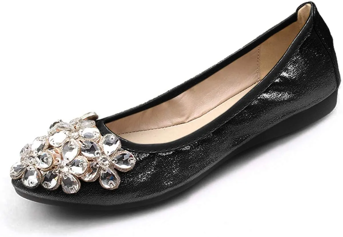 Lauthen.S Women Foldable Ballet Flats, Pointed Toe Wedding Rhinestone Slip on Flat Shoes
