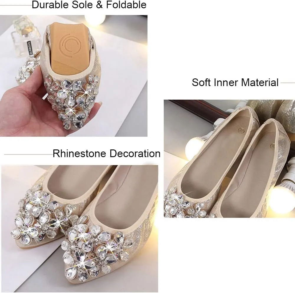Lauthen.S Women Foldable Ballet Flats, Pointed Toe Wedding Rhinestone Slip on Flat Shoes