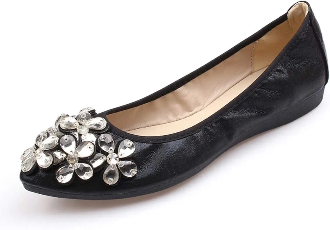 Lauthen.S Women Foldable Ballet Flats, Pointed Toe Wedding Rhinestone Slip on Flat Shoes