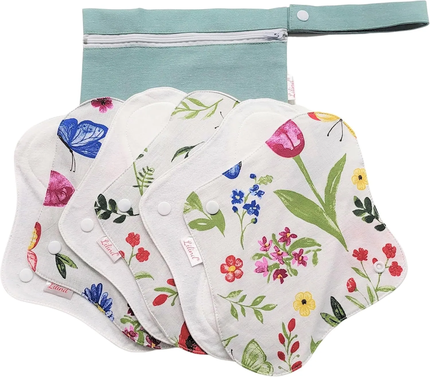 Lilind® 6 Pack Organic Cloth Pads, Regular 9 inch 100% Cotton Reusable Menstrual Sanitary Napkins, Free Wet Bag, Complete Set, Zero Waste