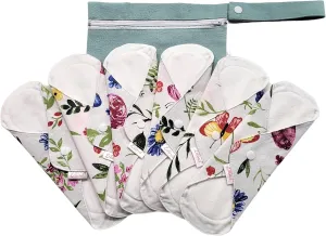 Lilind® 6 Pack Organic Cloth Pads, Regular 9 inch 100% Cotton Reusable Menstrual Sanitary Napkins, Free Wet Bag, Complete Set, Zero Waste