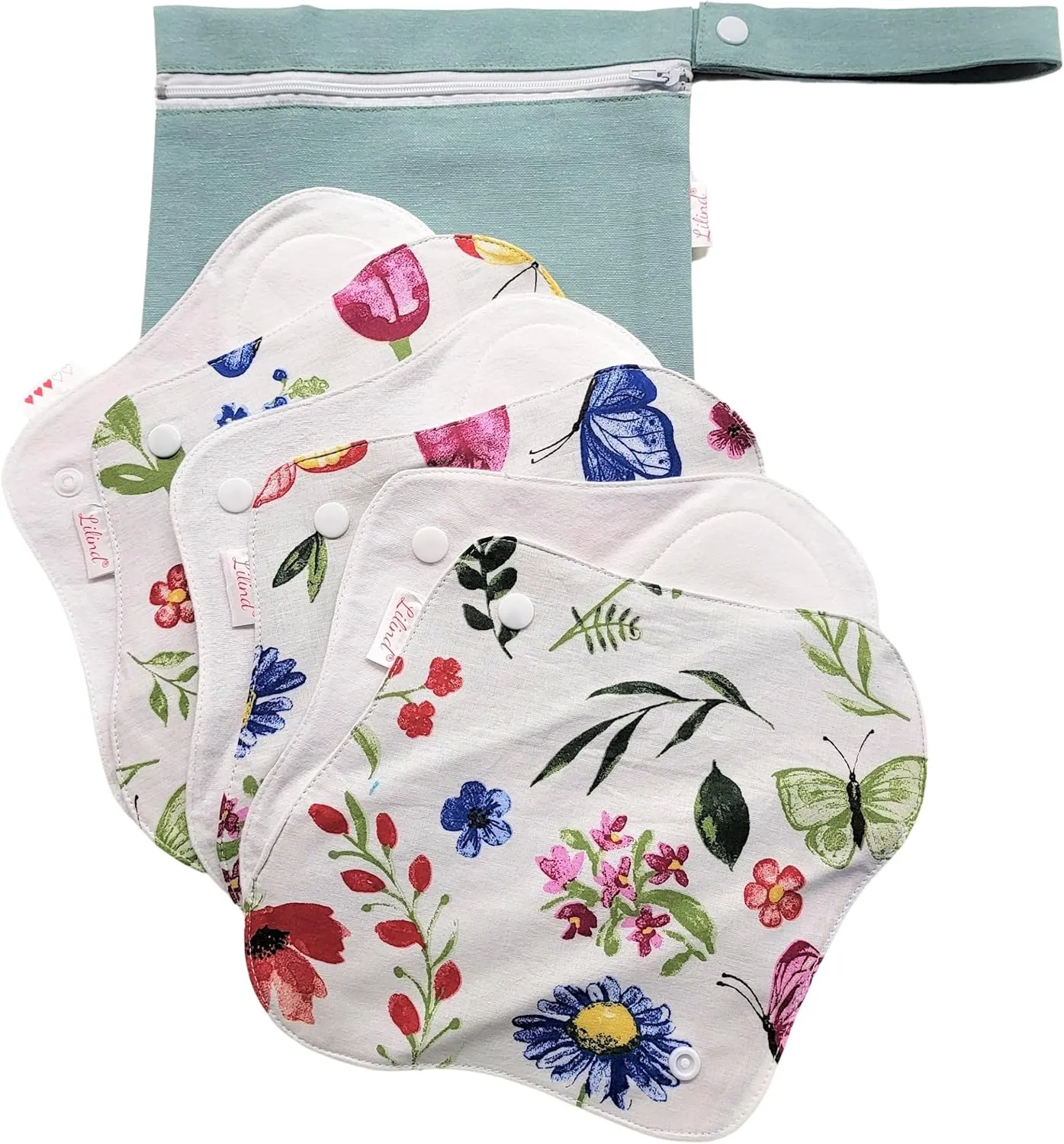 Lilind® 6 Pack Organic Cloth Pads, Regular 9 inch 100% Cotton Reusable Menstrual Sanitary Napkins, Free Wet Bag, Complete Set, Zero Waste