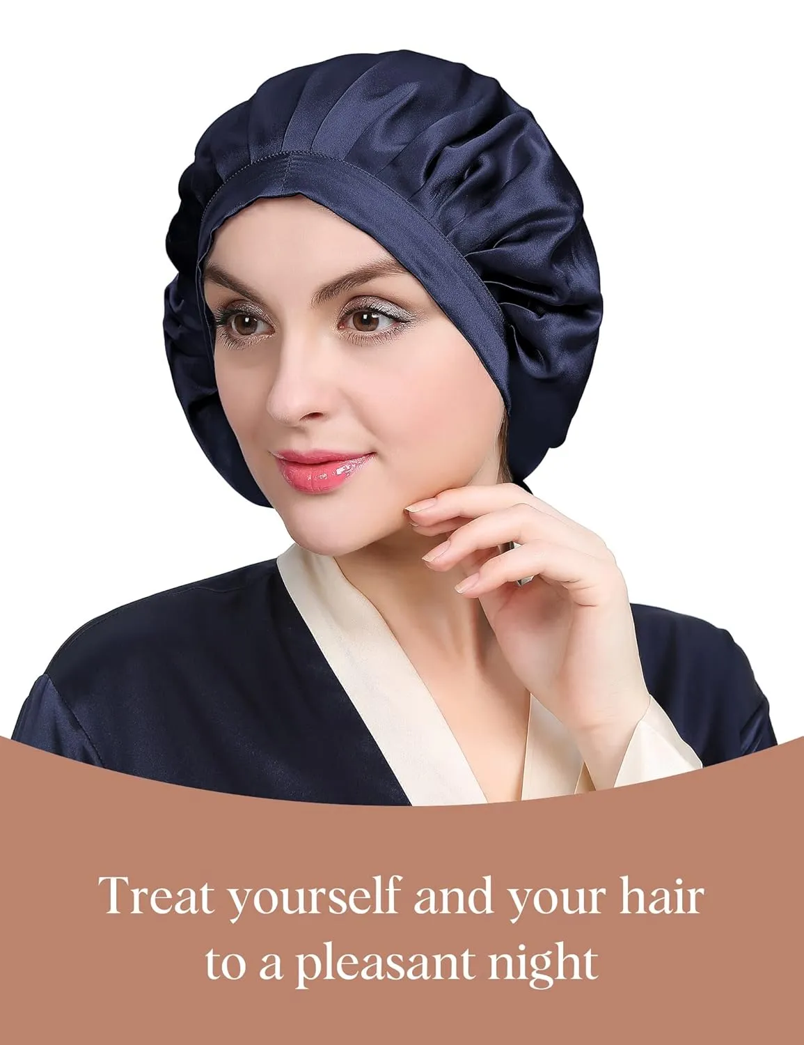 LILYSILK 100% Mulberry Silk Bonnet, Silk Night Sleep Cap Adjustable Hair Wrap for Sleeping, Deep Blue