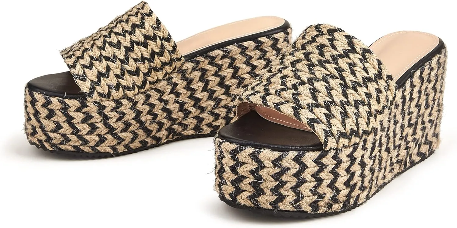 LizFoYa Women Fashion Jute Wrapped Platform Sandals Cushion Wedge Chunky High Heels Beach Sunny Slides