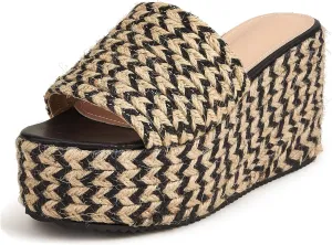 LizFoYa Women Fashion Jute Wrapped Platform Sandals Cushion Wedge Chunky High Heels Beach Sunny Slides