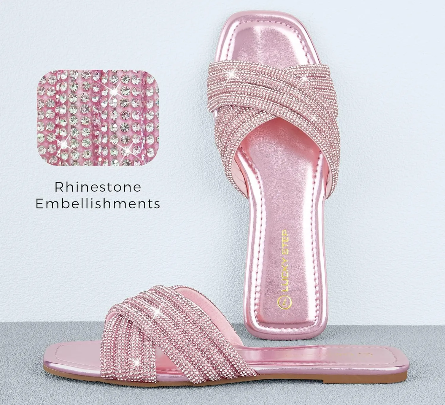 LUCKY STEP Women's Rhinestone Flat Sandals Open Toe Summer Glitter Bling Sparkle Dressy Slip on Outdoor Crossed Strap Slide