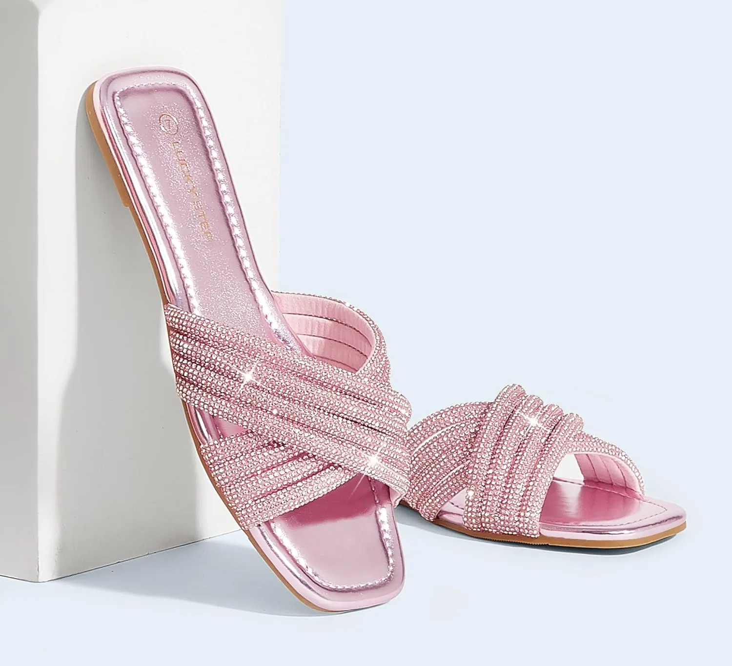 LUCKY STEP Women's Rhinestone Flat Sandals Open Toe Summer Glitter Bling Sparkle Dressy Slip on Outdoor Crossed Strap Slide