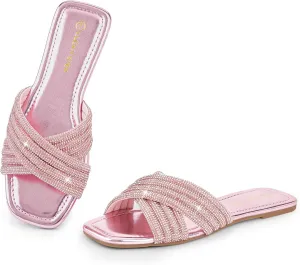 LUCKY STEP Women's Rhinestone Flat Sandals Open Toe Summer Glitter Bling Sparkle Dressy Slip on Outdoor Crossed Strap Slide