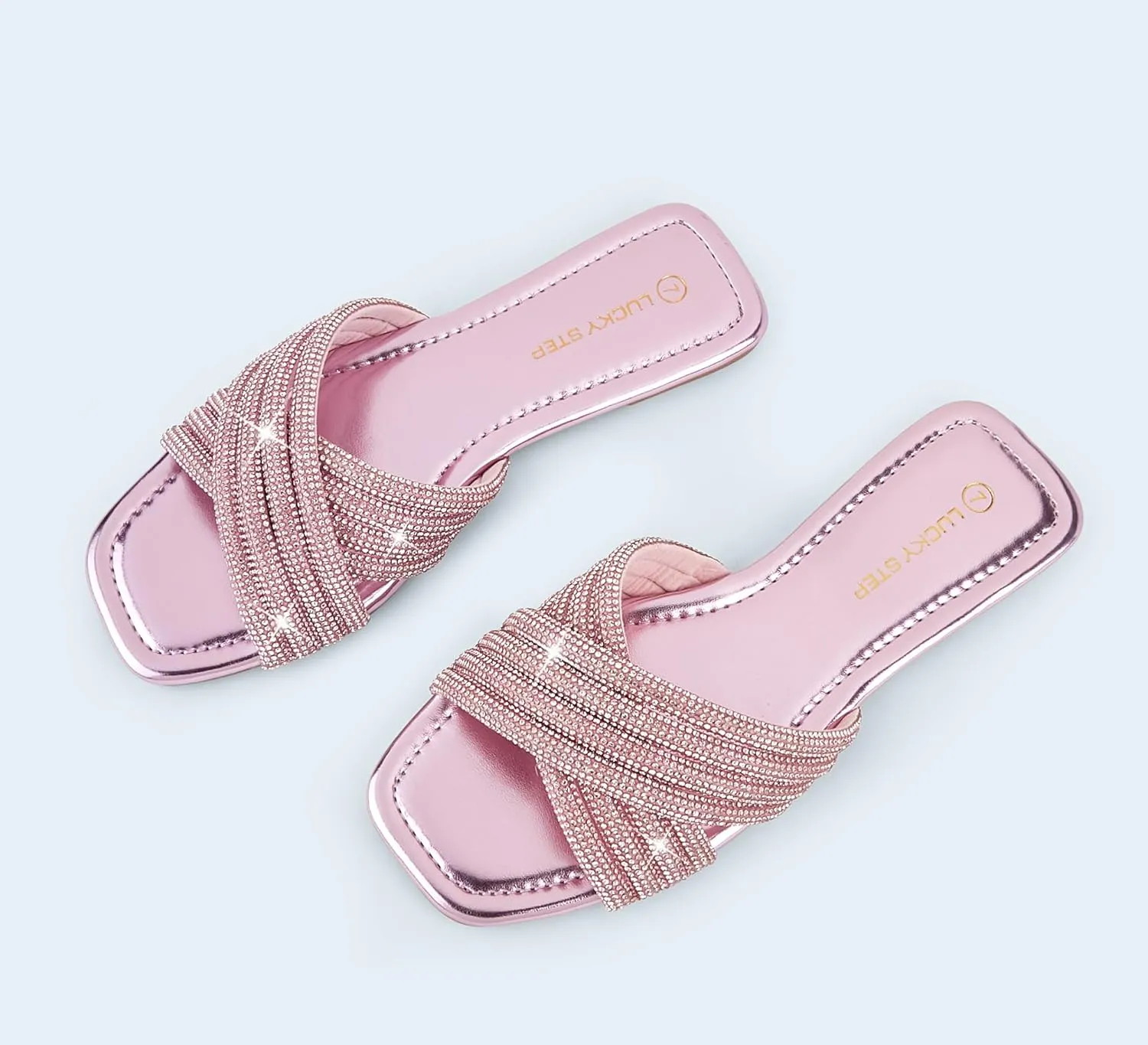 LUCKY STEP Women's Rhinestone Flat Sandals Open Toe Summer Glitter Bling Sparkle Dressy Slip on Outdoor Crossed Strap Slide