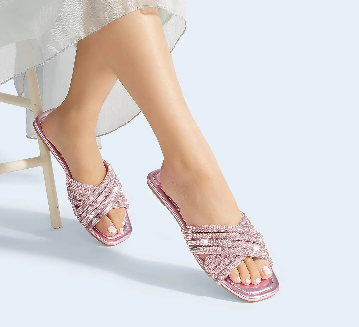 LUCKY STEP Women's Rhinestone Flat Sandals Open Toe Summer Glitter Bling Sparkle Dressy Slip on Outdoor Crossed Strap Slide
