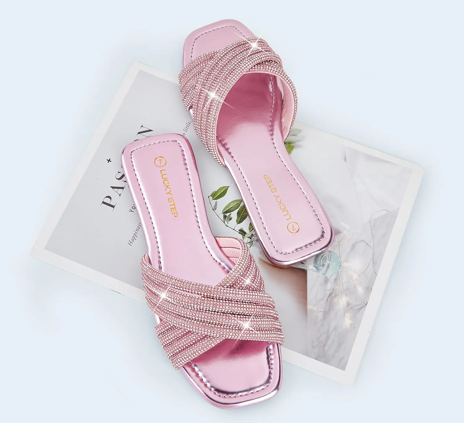 LUCKY STEP Women's Rhinestone Flat Sandals Open Toe Summer Glitter Bling Sparkle Dressy Slip on Outdoor Crossed Strap Slide
