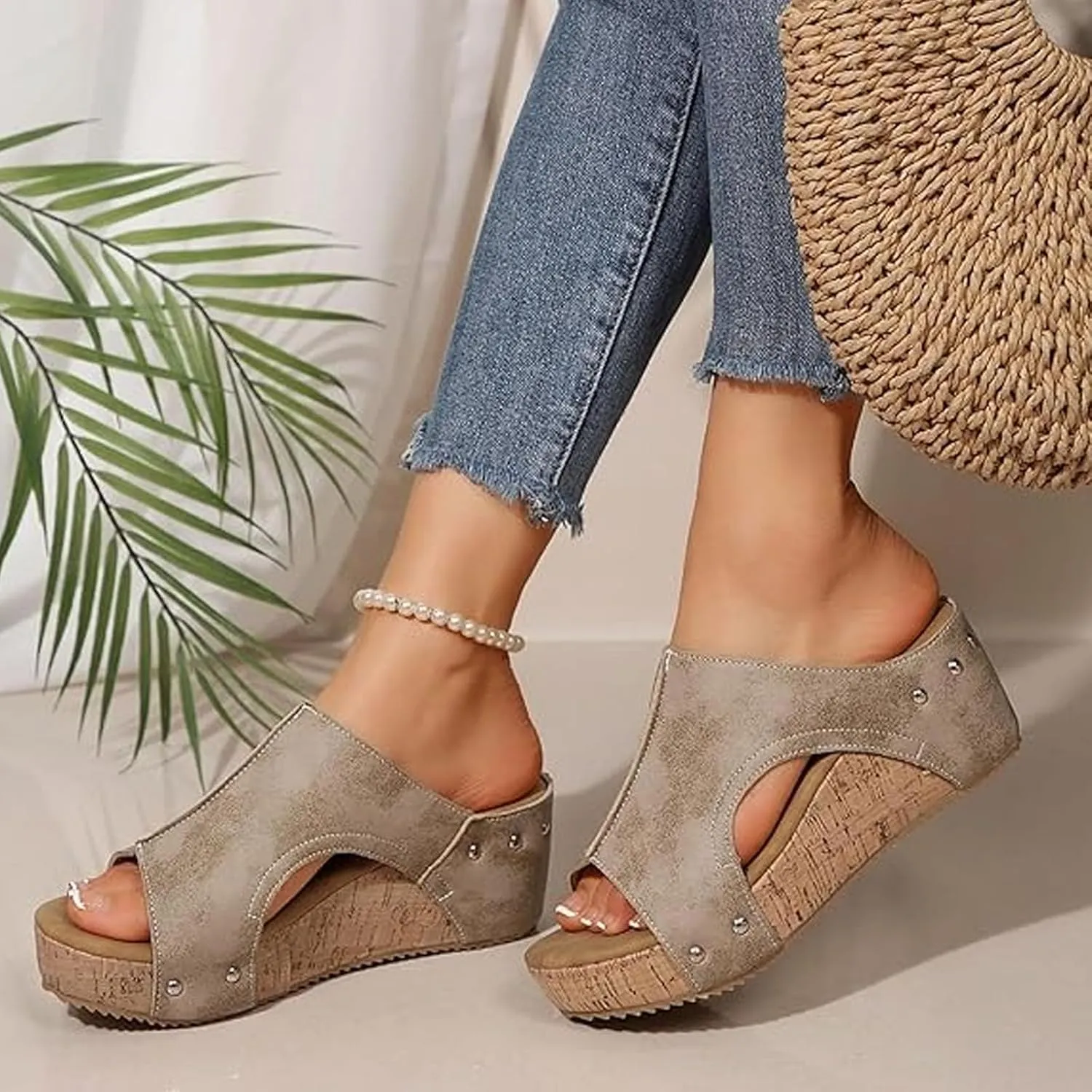 Lumi Stud Wedges, Maison Birch Lumi Cork Wedges & Platform Slides,With Comfy Platform Orthopedic, Summer Sandals
