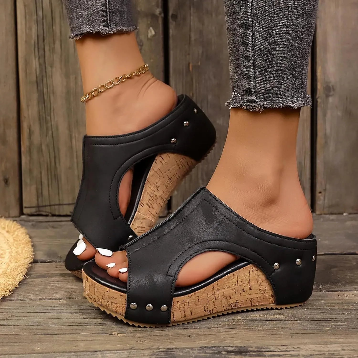 Lumi Stud Wedges, Maison Birch Lumi Cork Wedges & Platform Slides,With Comfy Platform Orthopedic, Summer Sandals