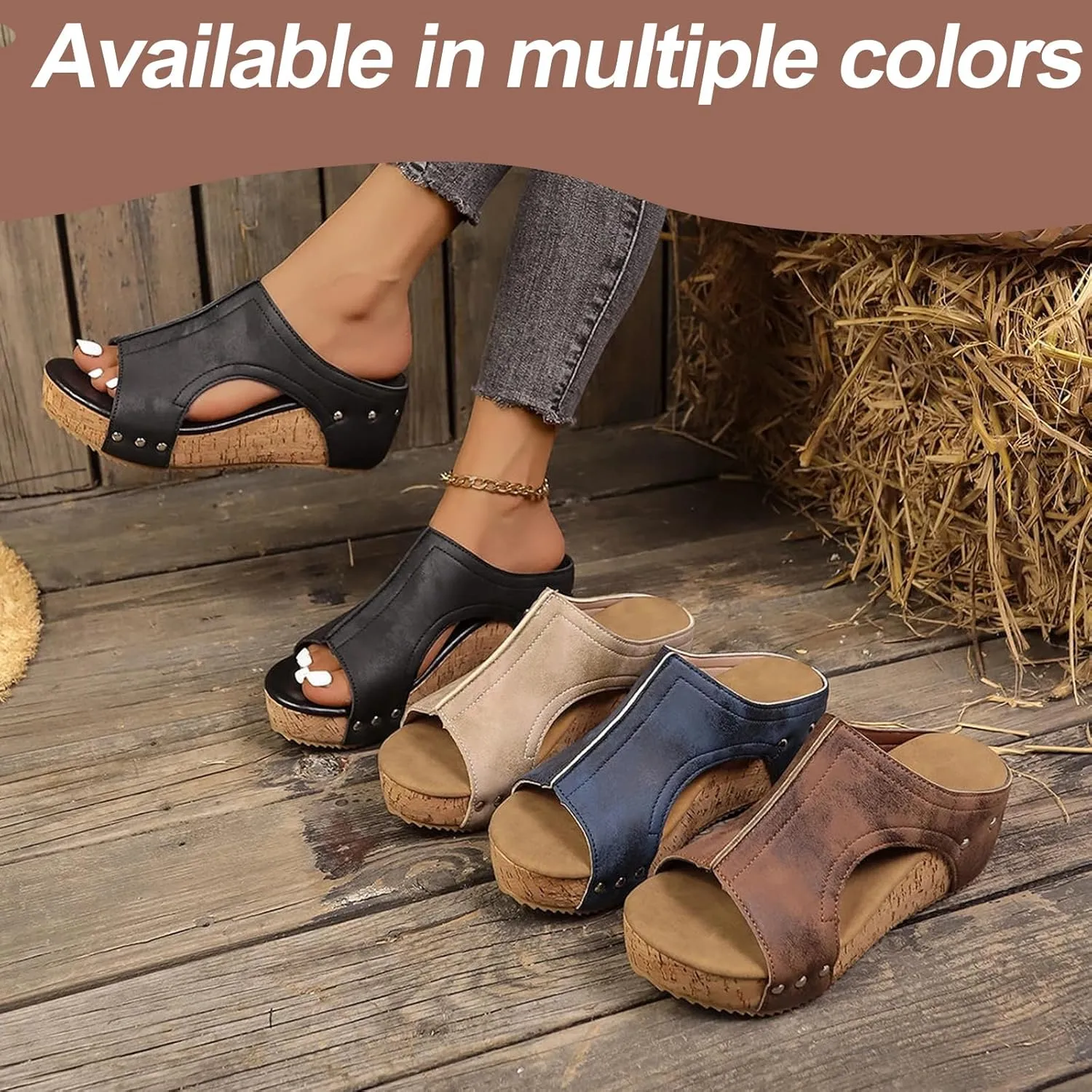 Lumi Stud Wedges, Maison Birch Lumi Cork Wedges & Platform Slides,With Comfy Platform Orthopedic, Summer Sandals