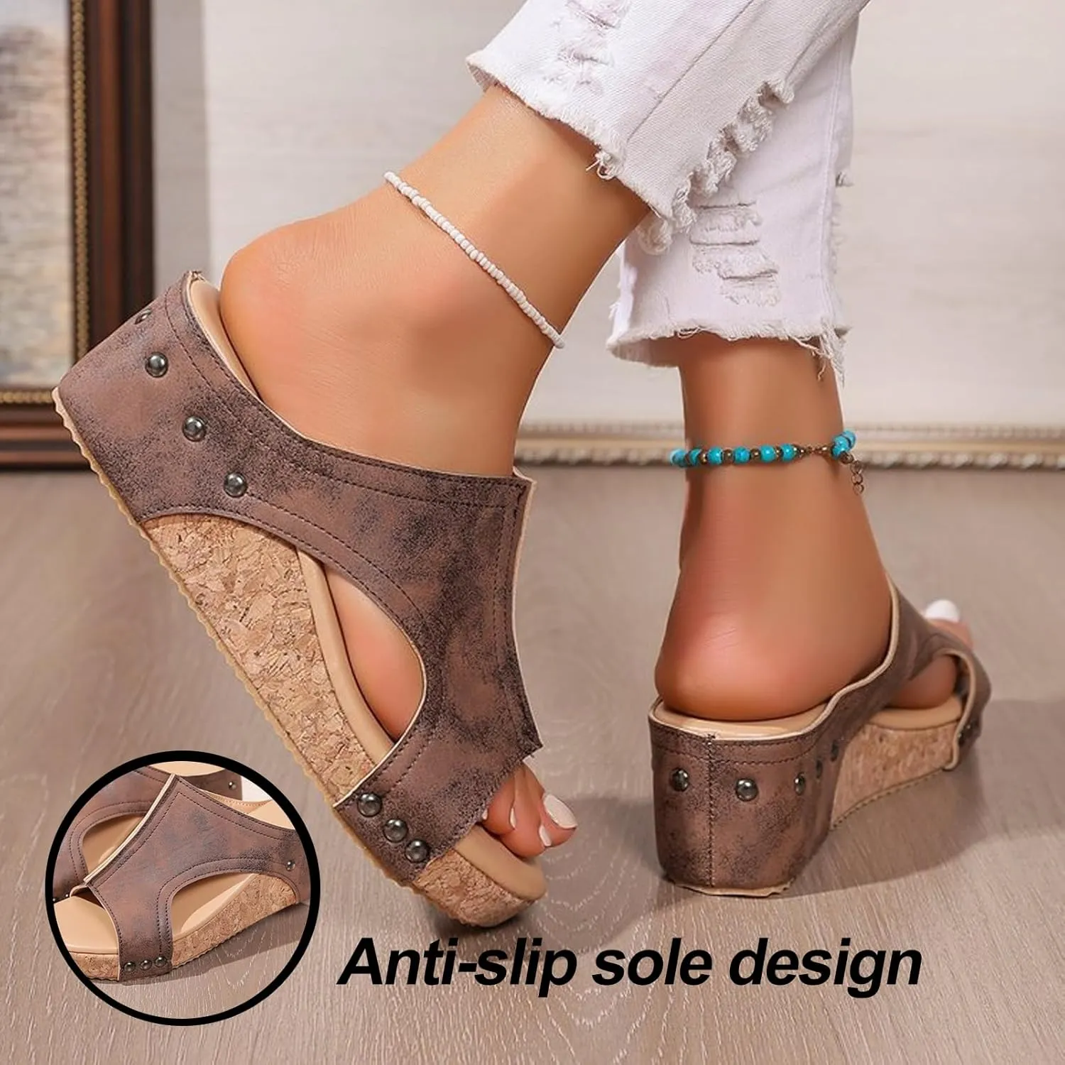 Lumi Stud Wedges, Maison Birch Lumi Cork Wedges & Platform Slides,With Comfy Platform Orthopedic, Summer Sandals