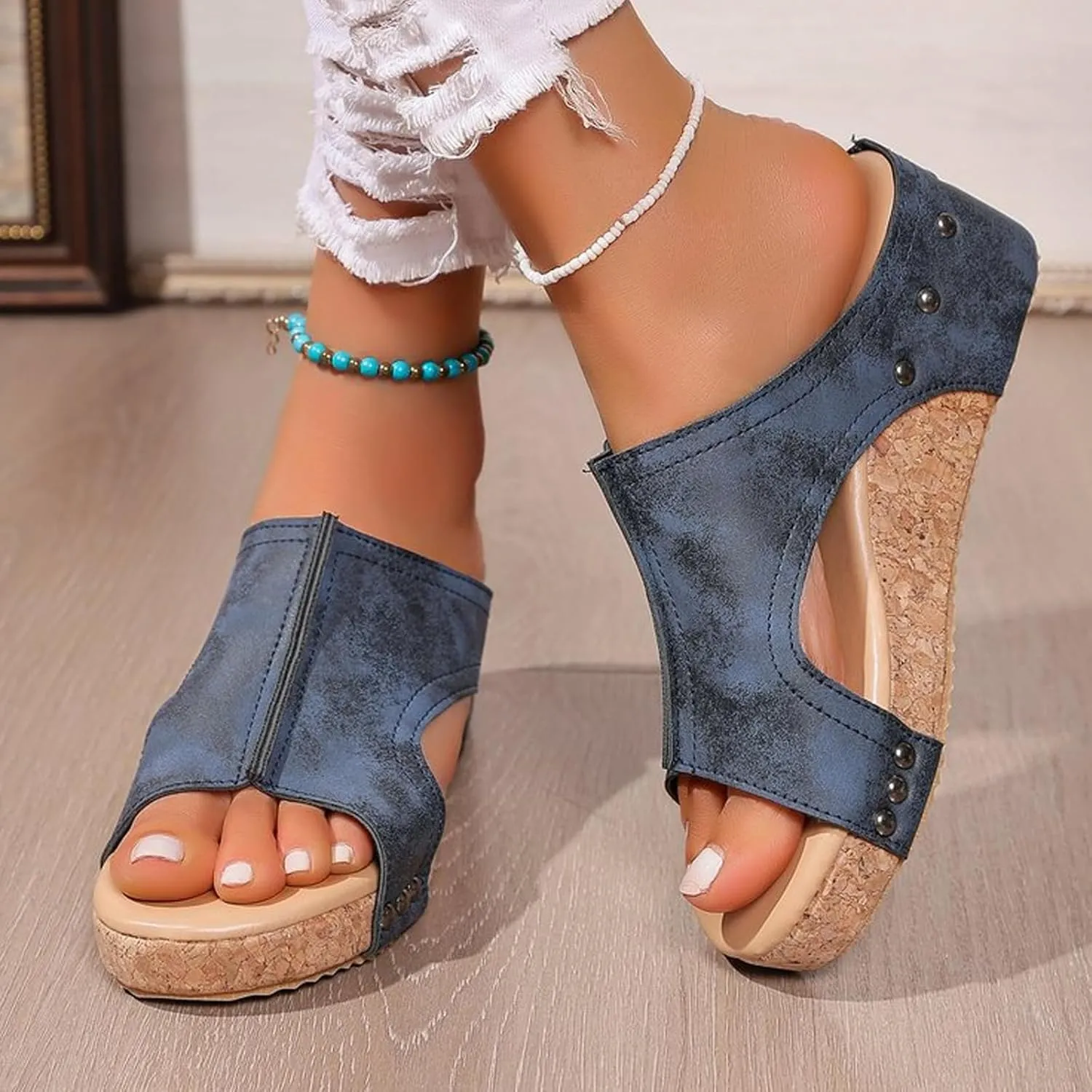 Lumi Stud Wedges, Maison Birch Lumi Cork Wedges & Platform Slides,With Comfy Platform Orthopedic, Summer Sandals