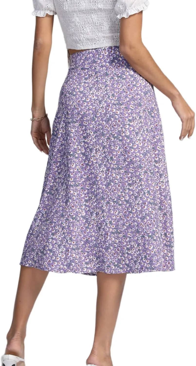LYANER Women's Casual Boho Printed High Waist Side Split Hem Zipper Midi Skirt