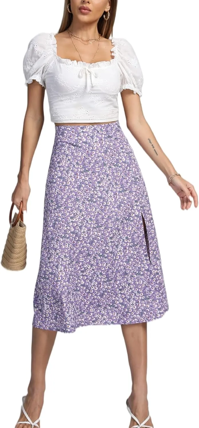 LYANER Women's Casual Boho Printed High Waist Side Split Hem Zipper Midi Skirt